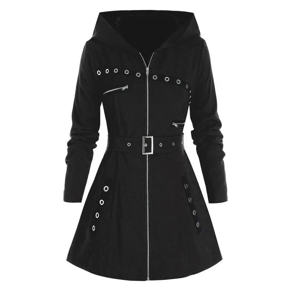 Women's black hooded jacket long sleeve zip-up coat