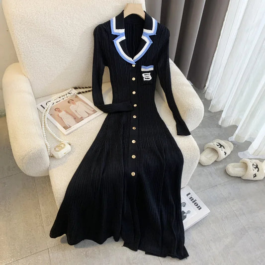 Black women's gothic knitted polo collar embroidered design slim fit midi dress