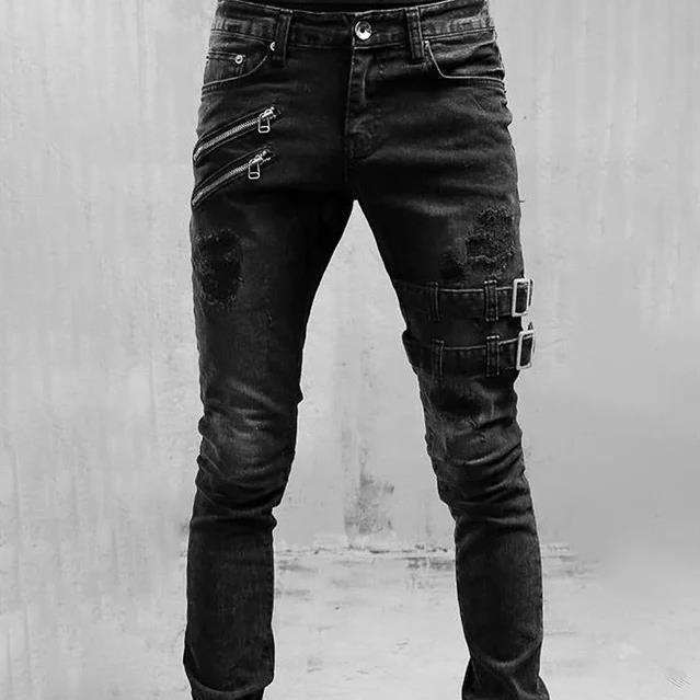 Men's gothic buckle jeans with distressed design