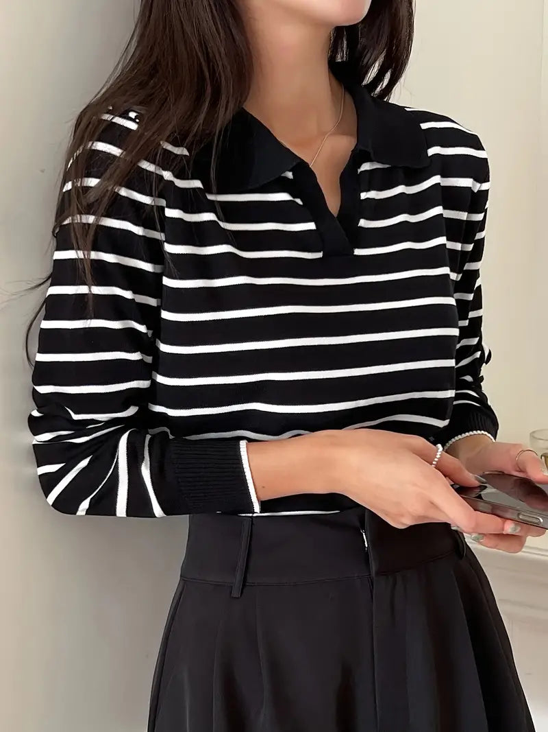 Women's loose striped short lapel sweater