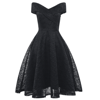 Women's black gothic off shoulder vintage midi dress with cross front and A-line skirt