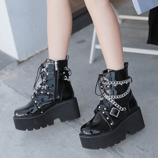 Gothic punk women's high heel platform boots with metal chain