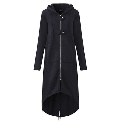 Gothic hooded longline coat with zipper front closure for women