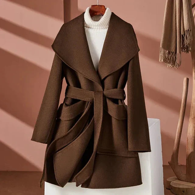 Women's elegant chic belted coat with wide sleeves and oversized collar