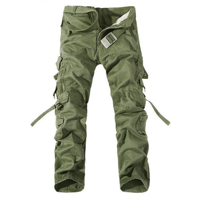 Men's straight leg cargo pants with multiple pockets and zipper opening
