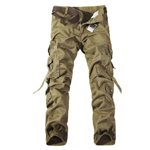 Men's straight leg cargo pants with multiple pockets and zipper opening