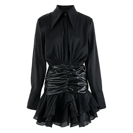 Elegant black gothic dress with ruffled skirt and long sleeves