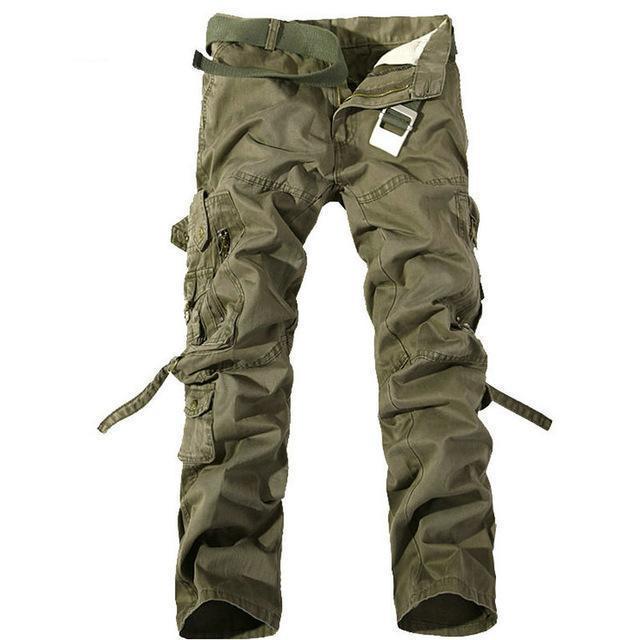 Men's straight leg cargo pants with multiple pockets and zipper opening